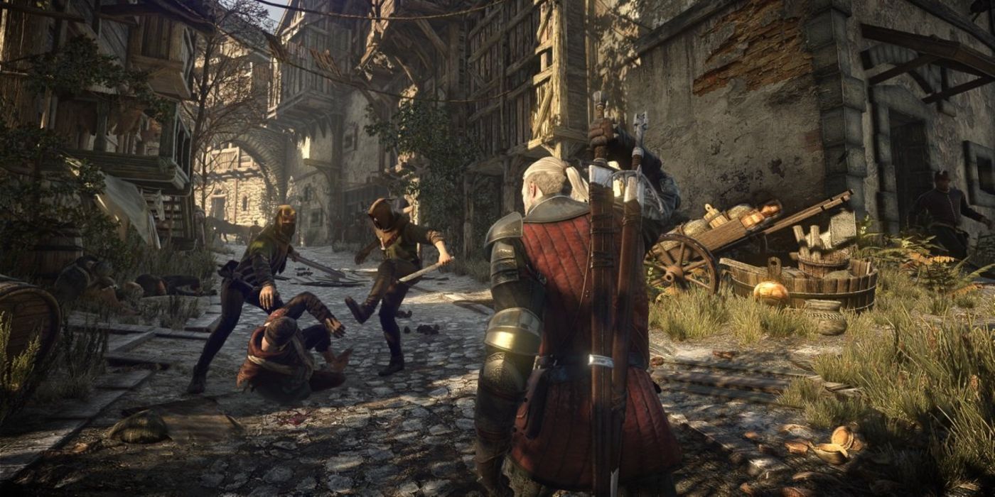 Geralt prepares to fight some thugs in Novigrad in The Witcher 3: Wild Hunt