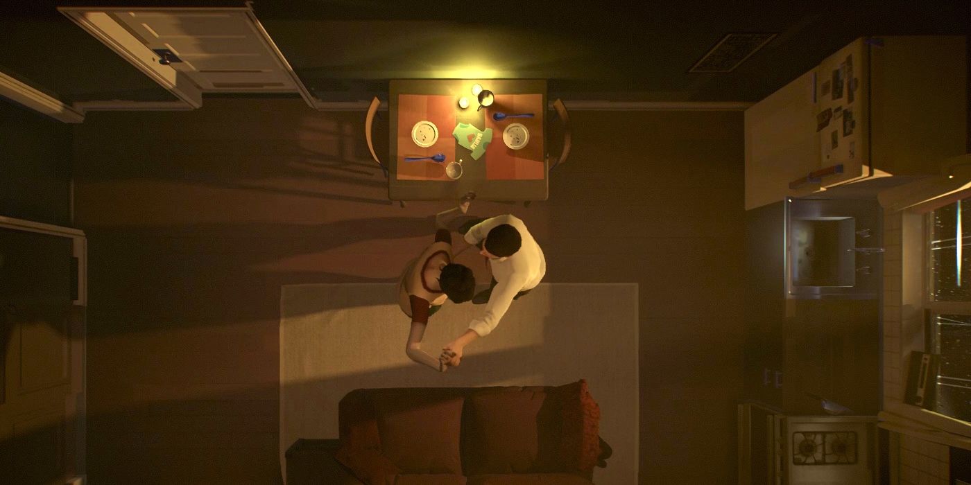image of 12 minutes game peering inside an apartment via aerial view of couple dancing