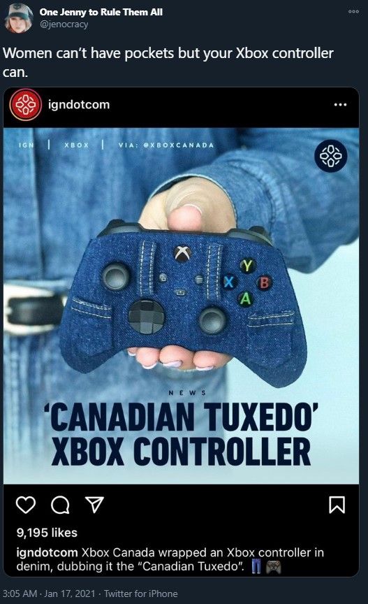 A screenshot of a tweet from Twitter user @jenocracy featuring an Xbox Series X controller covered in denim, labelled the 'Canadian Tuxedo' Xbox Controller
