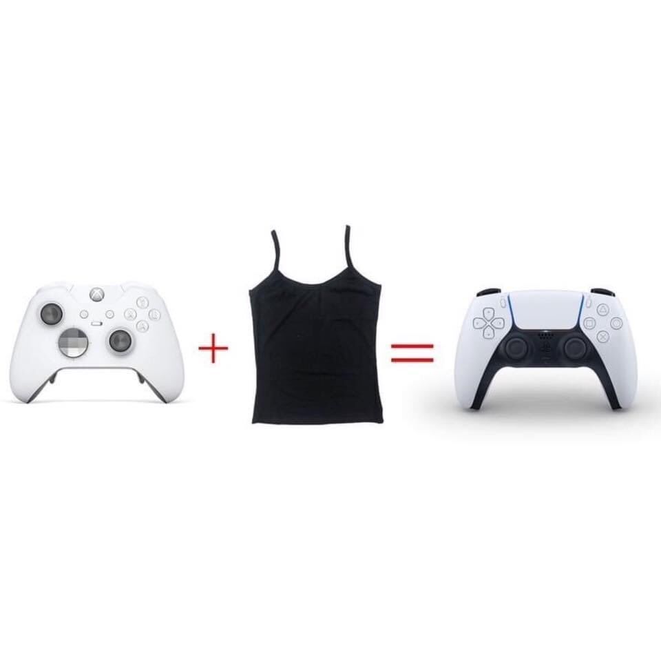 A meme in which it is suggested that adding a black tank top to the white Xbox Series X controller creates the PlayStation 5 controller. 