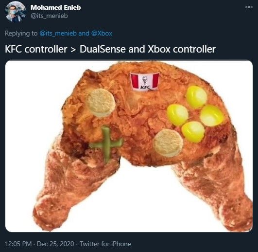 A screenshot of a Tweet from Twitter user @its_menieb with an image of an Xbox controller made out of KFC menu items.