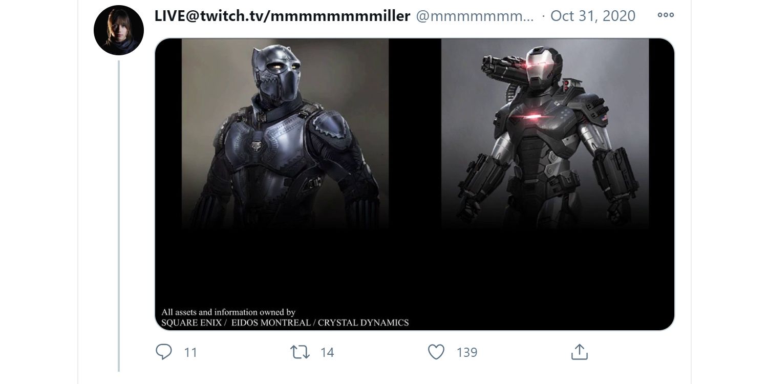 A tweet from a dataminer showing Black Panther and War Machine in Marvel's Avengers