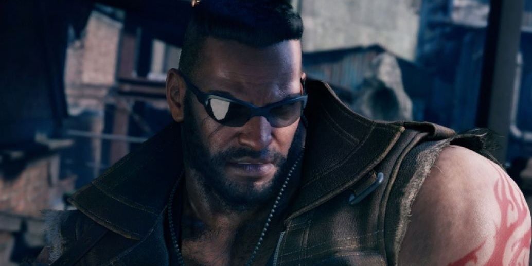 Barret from Final Fantasy 7 Remake staring at something off camera