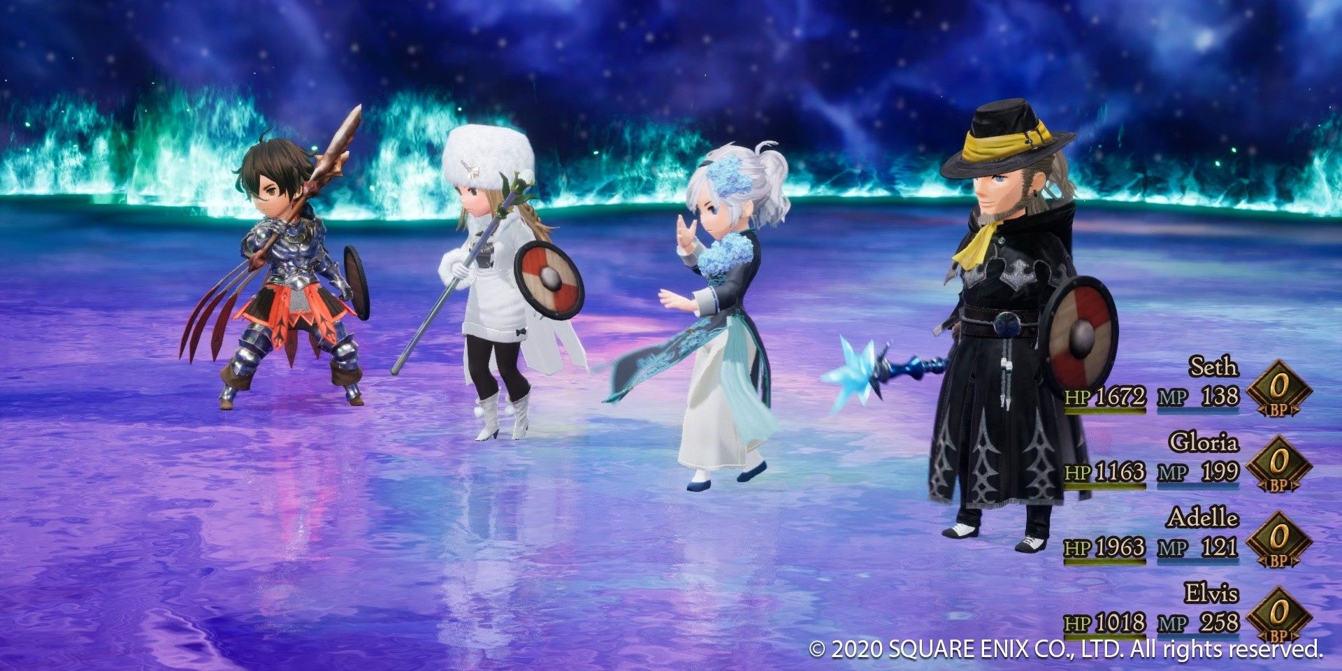 Screenshot of characters during battle in Bravely Default 2