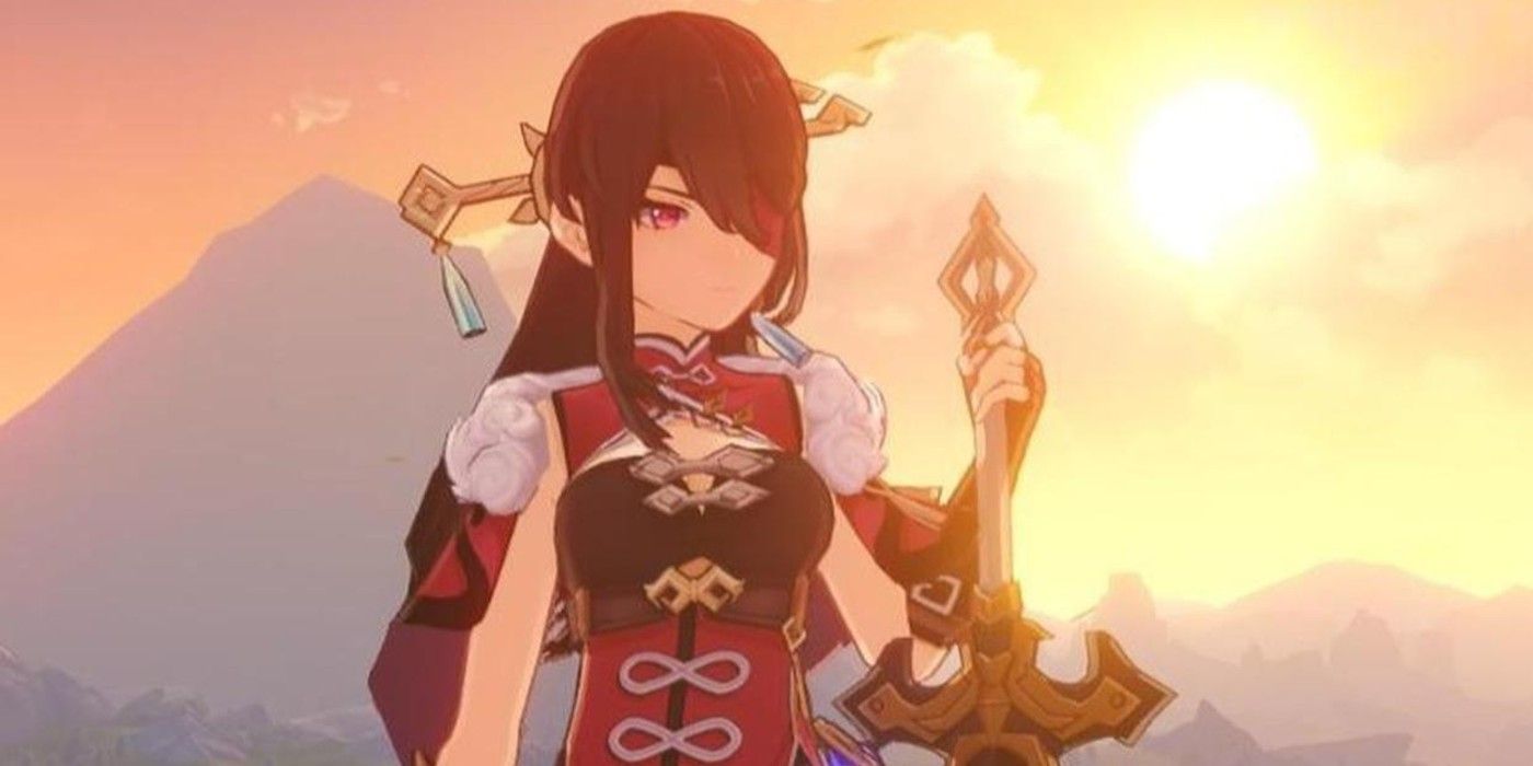 Beidou weilding her sword upside down while the sunset is in the background.
