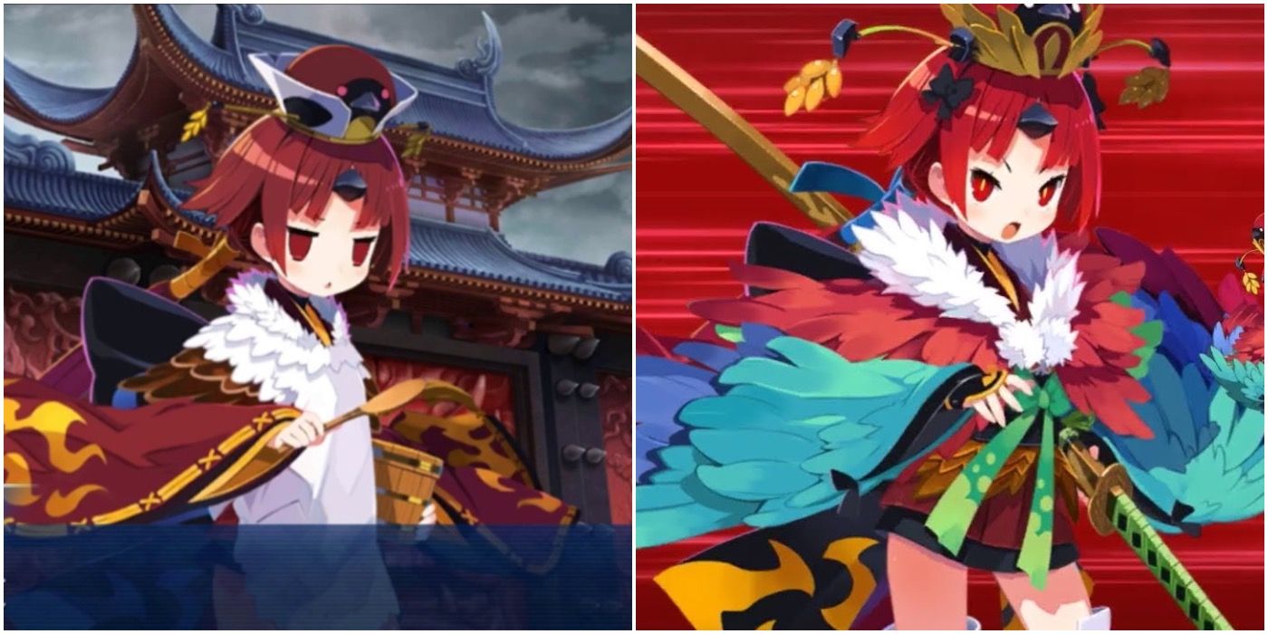 two pictures of the bird demon Benienma from fate grand order.