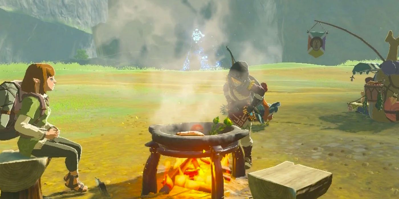 Link cooks a meal outside a stable in front of a traveler
