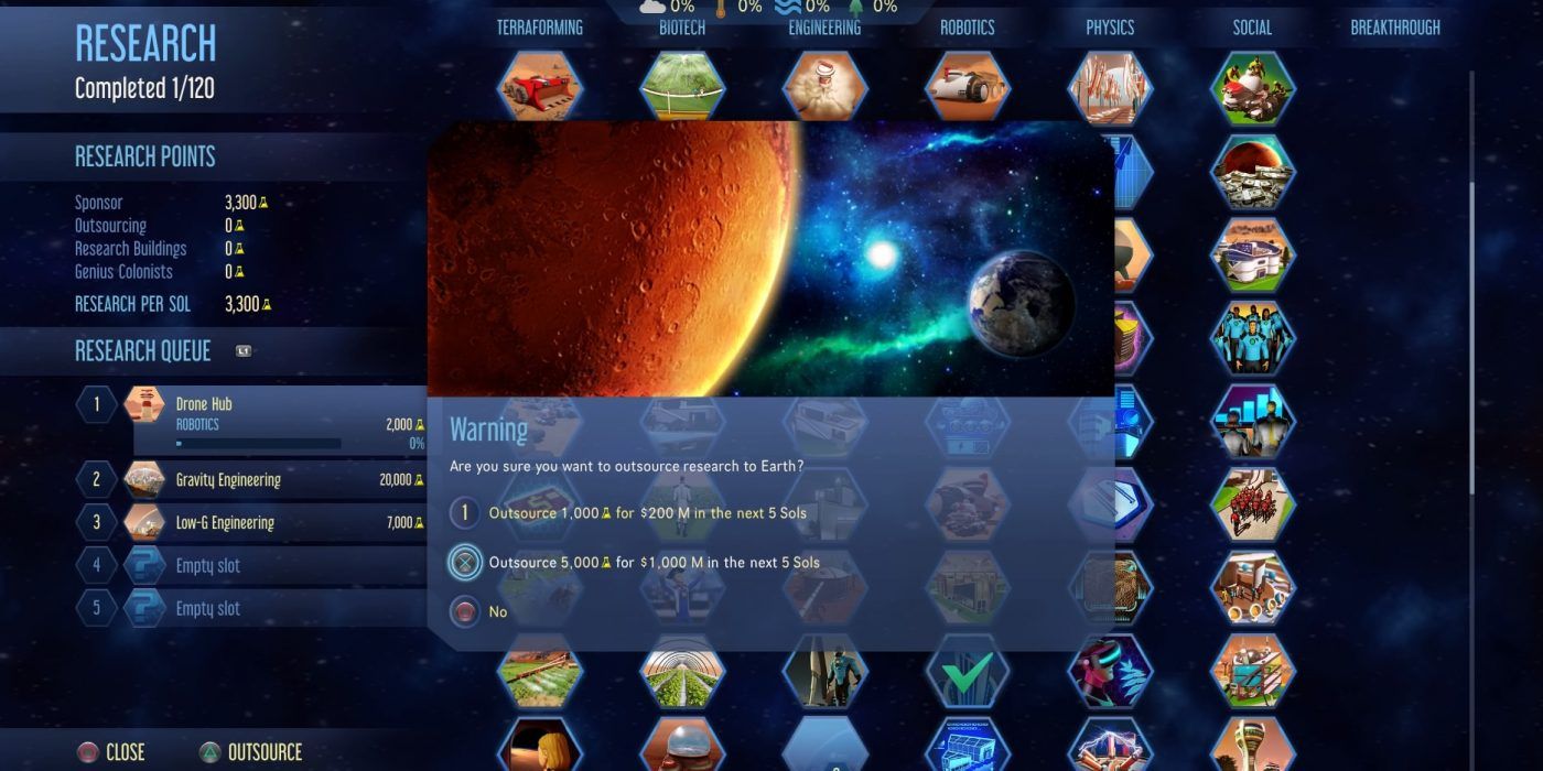 buying research on the resource screen of surviving mars