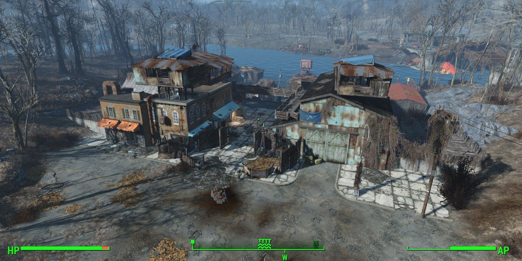 fallout 4 buildings next to a river screenshot 
