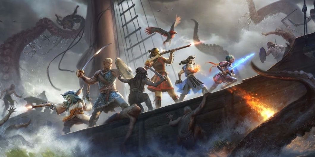 A cast of characters with different weapons fighting on a ship