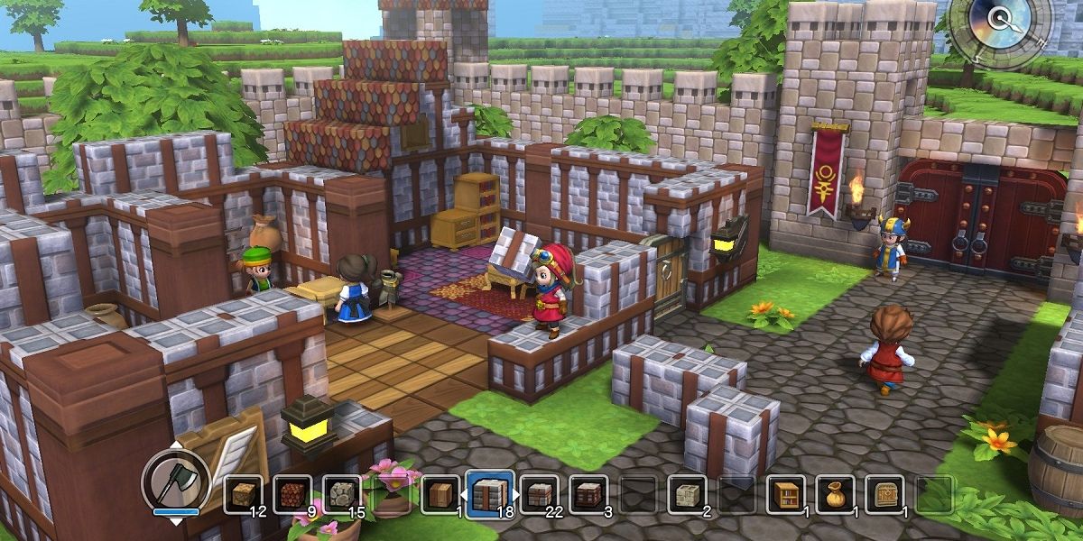 Dragon Quest characters in half built town with UI