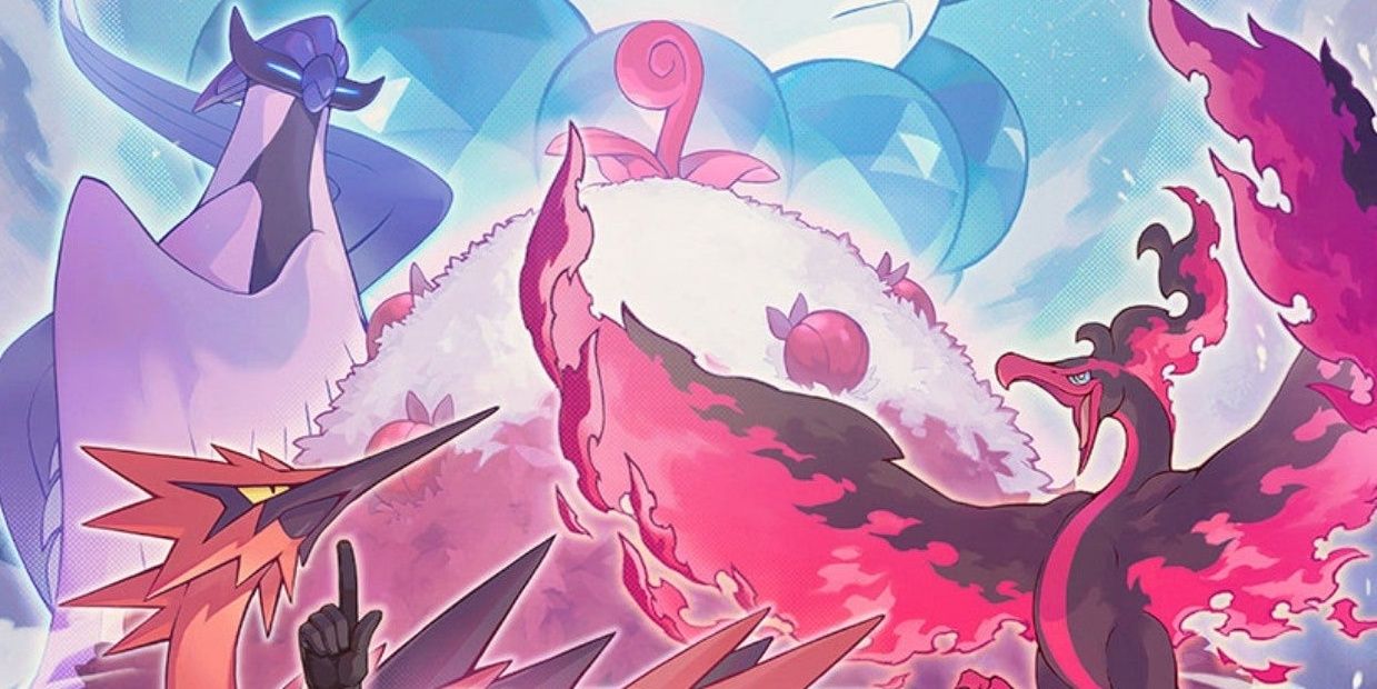 cropped official art of the galarian legendary trio, articuno, zapdos, and moltres.