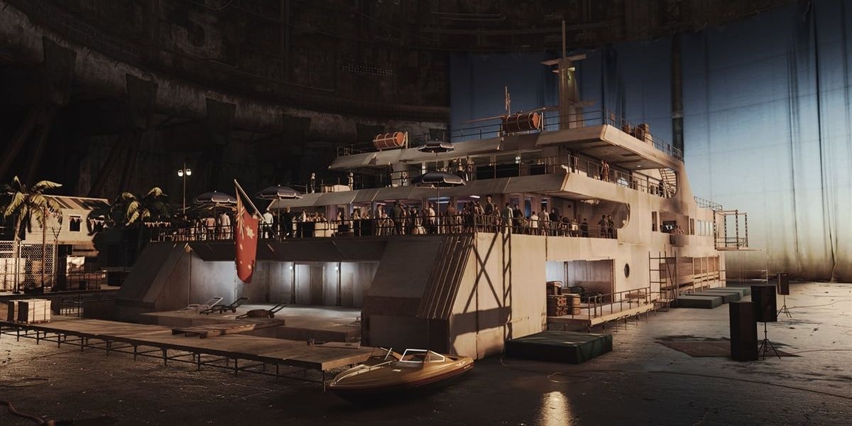a long shot, very pretty, of the training boat in hitman