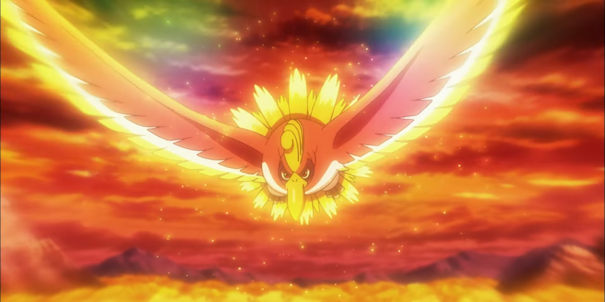 Ho-Oh flying towards the camera in Pokemon the Movie: I Choose You!