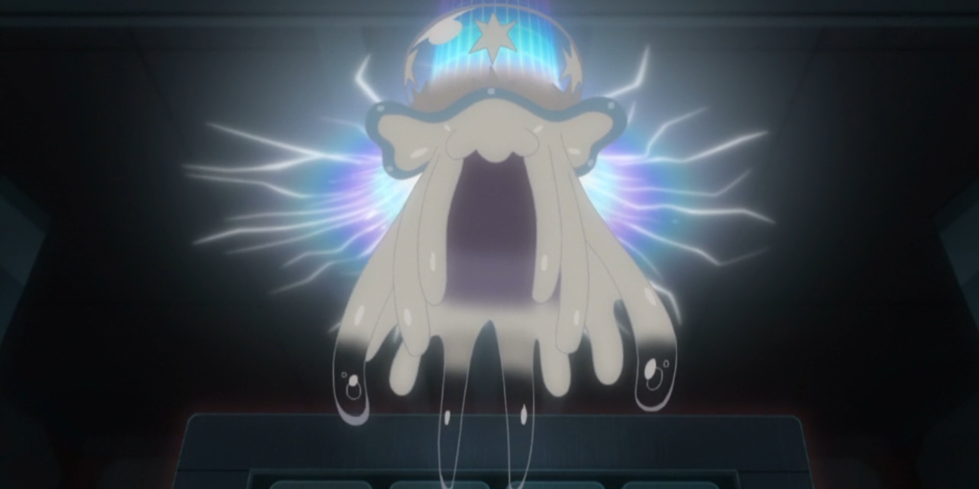 Nihilego from the Pokemon Anime emerging from an Ultra Wormhole
