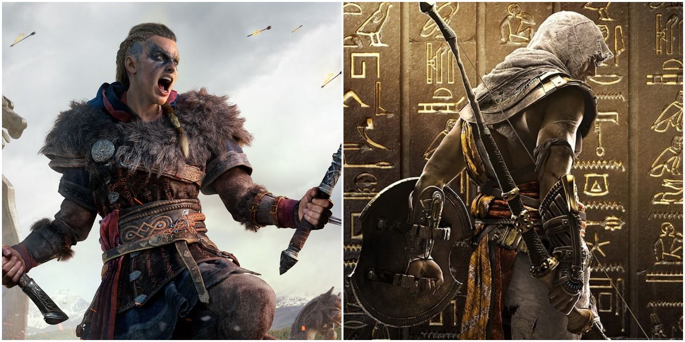 Female Eivor (left) in official artwork for Assassin's Creed Valhalla and Bayek in official artwork for AC: Origins