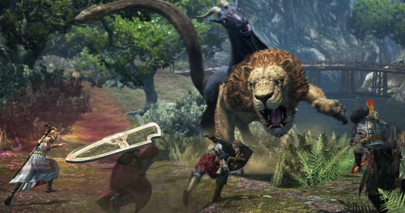 dragon's dogma a team of people fight off a chimera - a creature with a lion's body, goat's head, and snake's tail