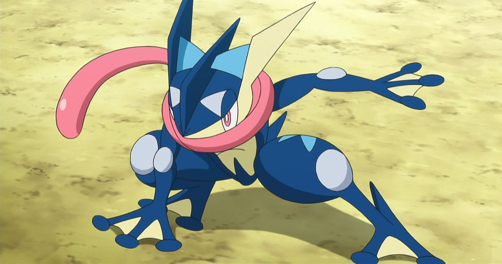 Greninja standing on a battlefield in the Pokemon Anime