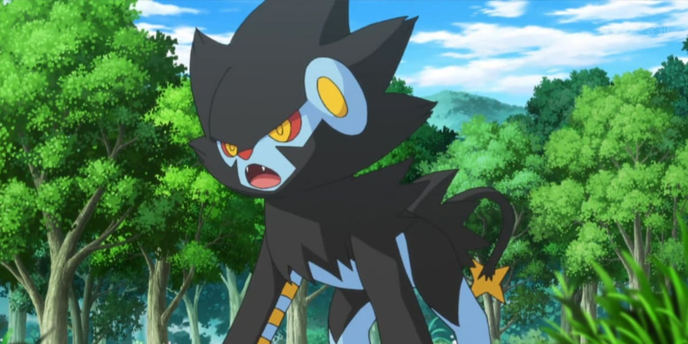 Luxray from the Pokemon anime battling in a forest