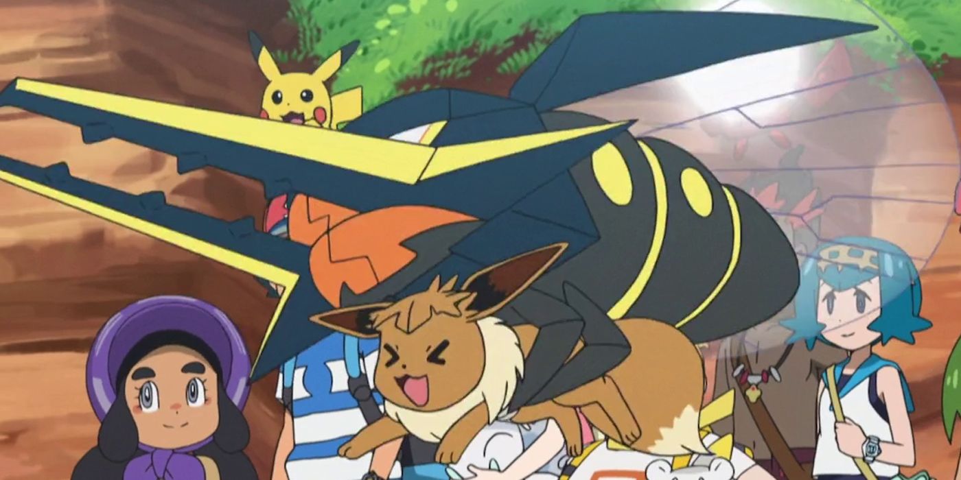 Vikavolt in the Pokemon anime carrying away an Eevee