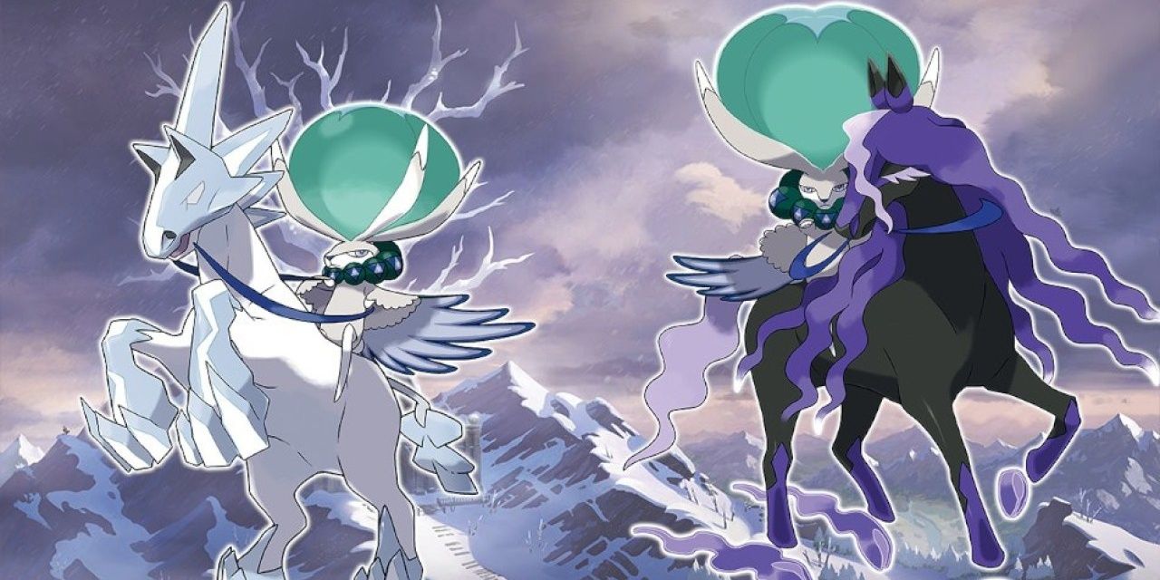 Official art of pokemon sword and shield legendary pokemon Glastrier and Spectrier being ridden by Calyrex.