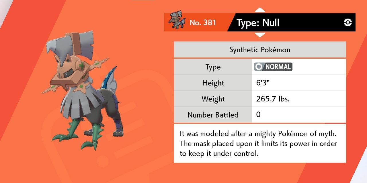 Screenshot of the Pokedex entry for Type: Null in Pokemon sword and shield.
