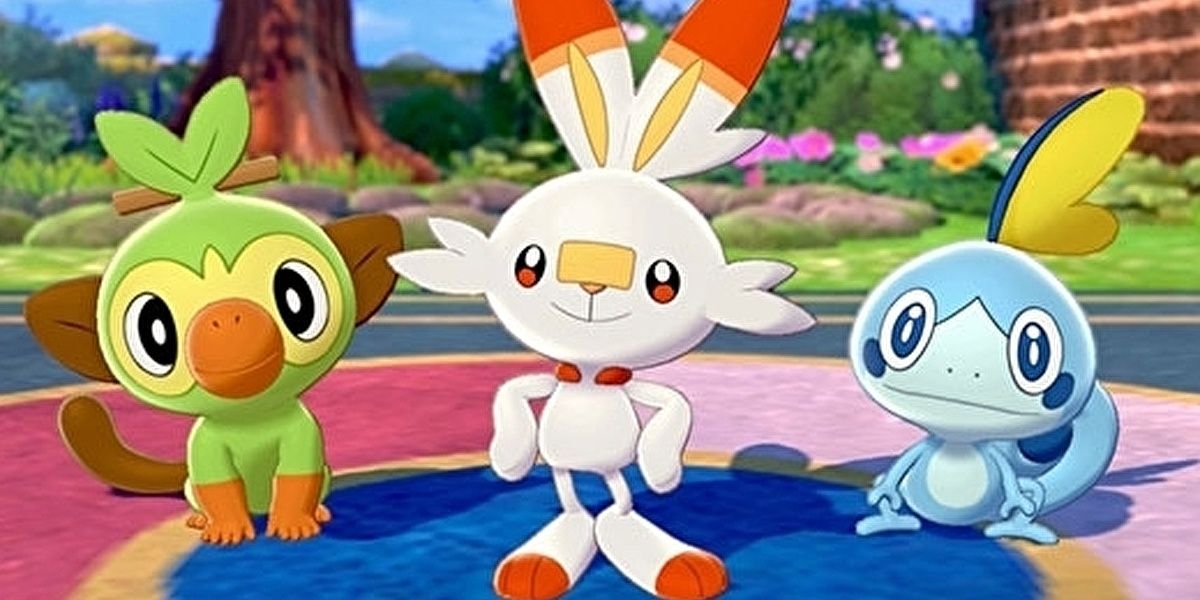 trailer screenshot of Galar pokemon starters, Grookey, Scorbunny, and Sobble.