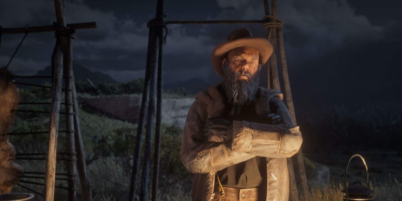 Cripps at his trader stand in the player's camp in Red Dead Online