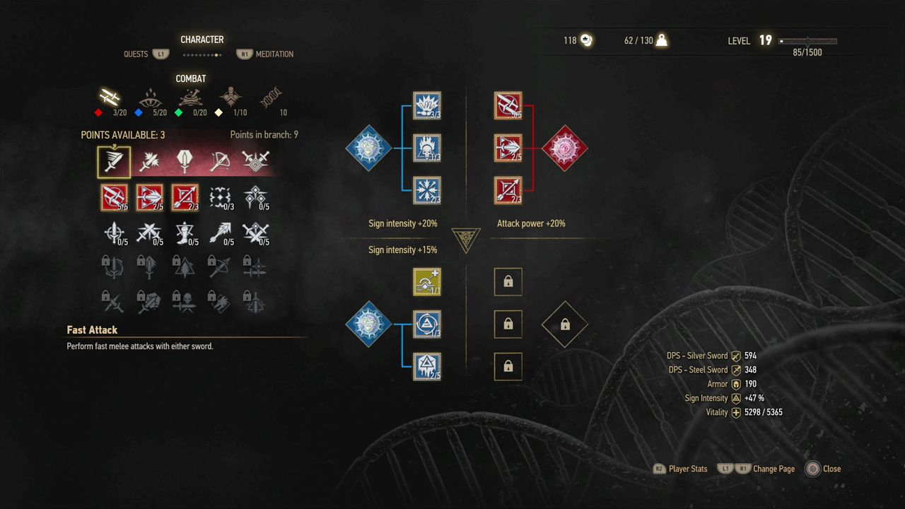 The Witcher 3 skill tree menu