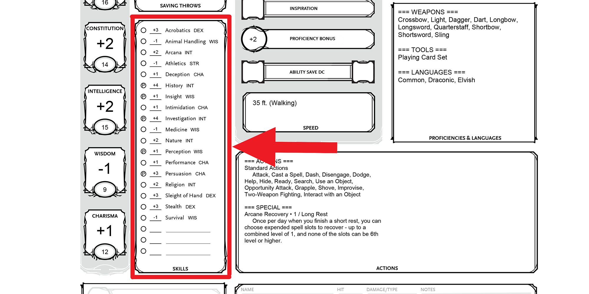 dnd character sheet skills