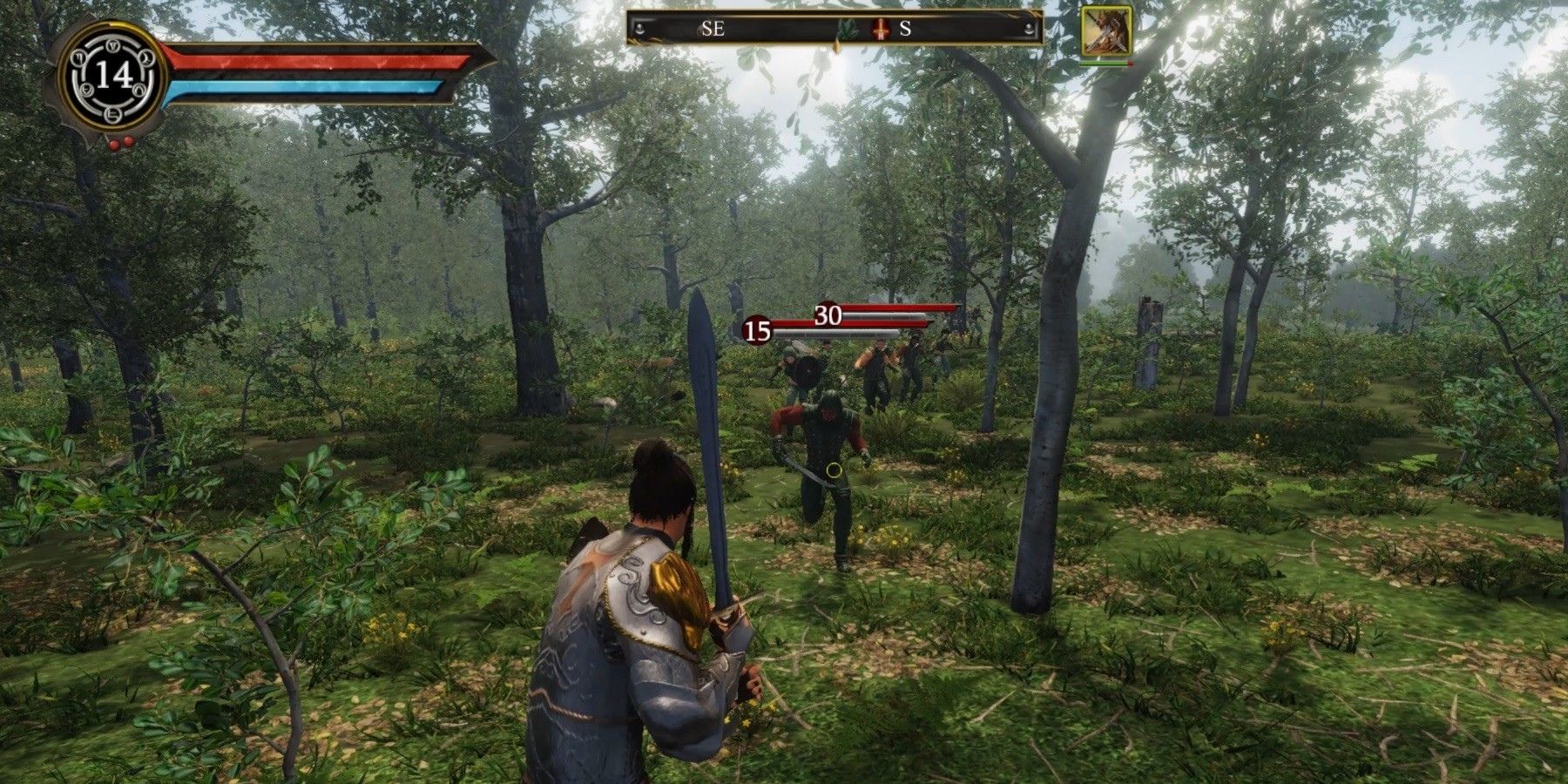 Legends of Ellaria screenshot Man holding sword in forest with NPCs running towards him.