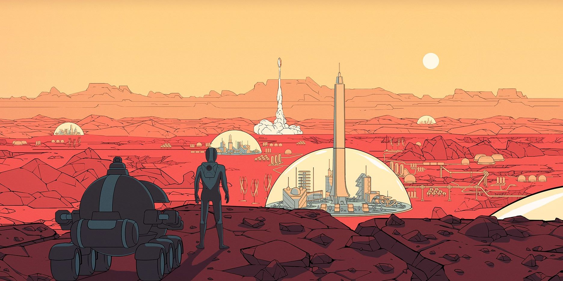 surviving mars concept art where someone in a spacesuit looks over several domes in a martian valley