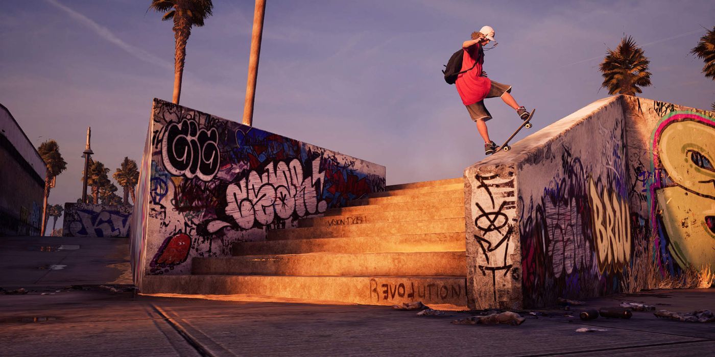 Chad Muska grinds a ledge on the Venice Beach map in Tony Hawk's Pro Skater 1 + 2