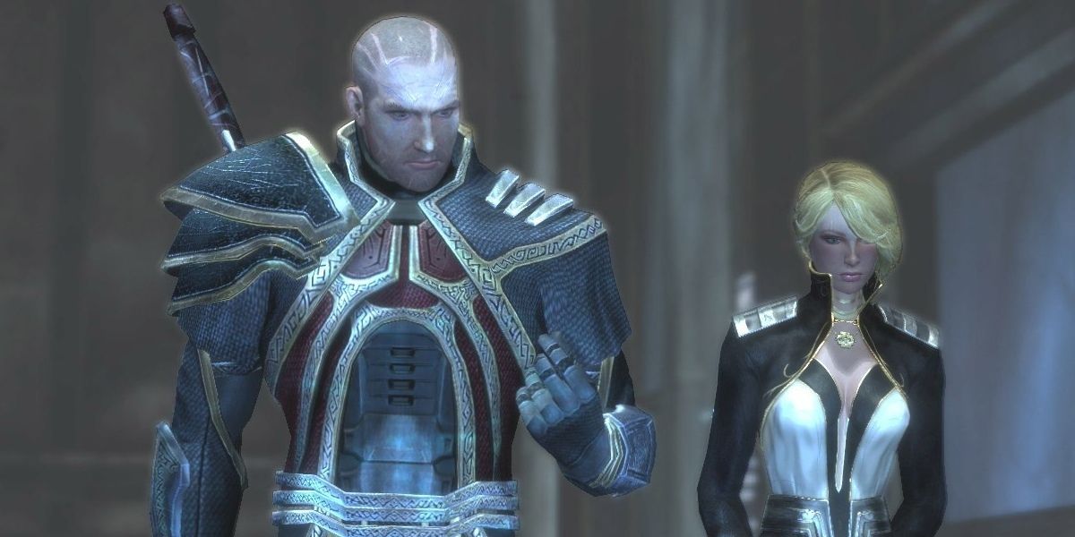 Too Human Screenshot Of A man and a woman walking and talking together