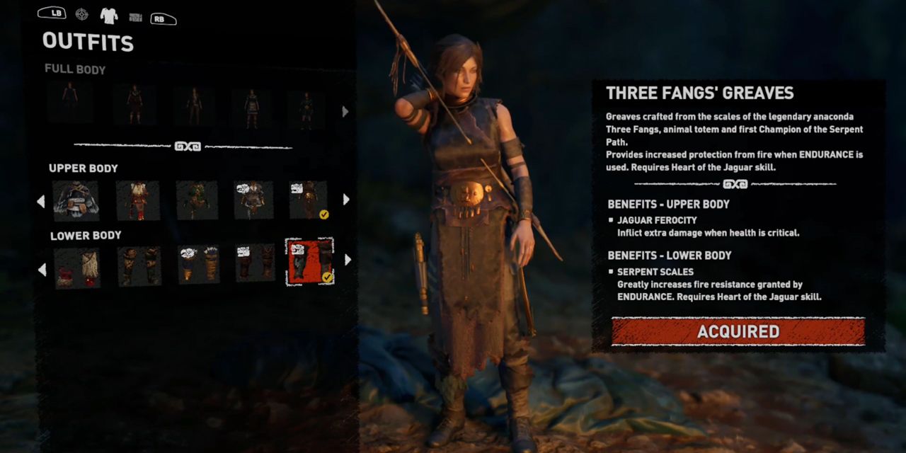The Three Fangs' Greaves outfit in Shadow of the Tomb Raider