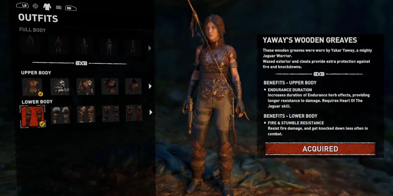 The Yaway's Wooden Greaves outfit in Shadow of the Tomb Raider