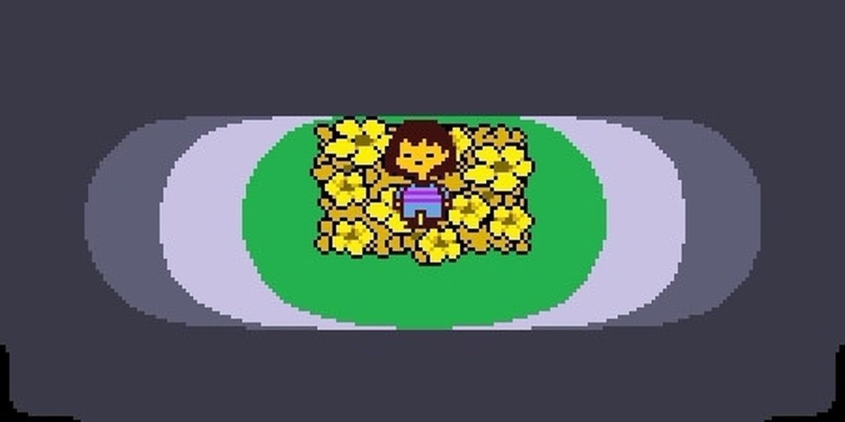 Undertale 's protagonist laying in yellow flowers