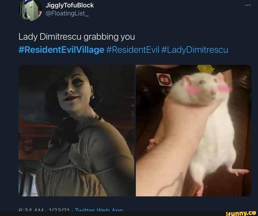 Lady Dimitrescu grabbing a blushing rat meme.