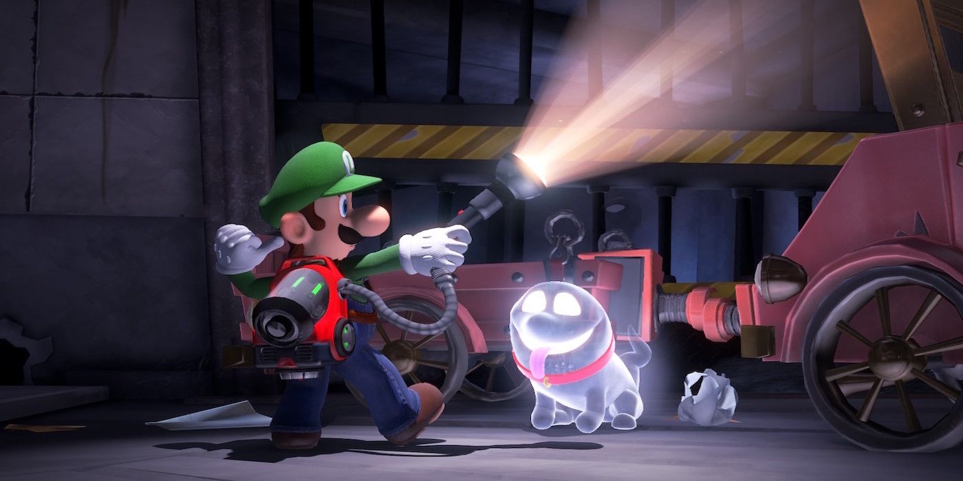 Luigi from Luigi's Mansion 3 shining light near dog ghost and wagon