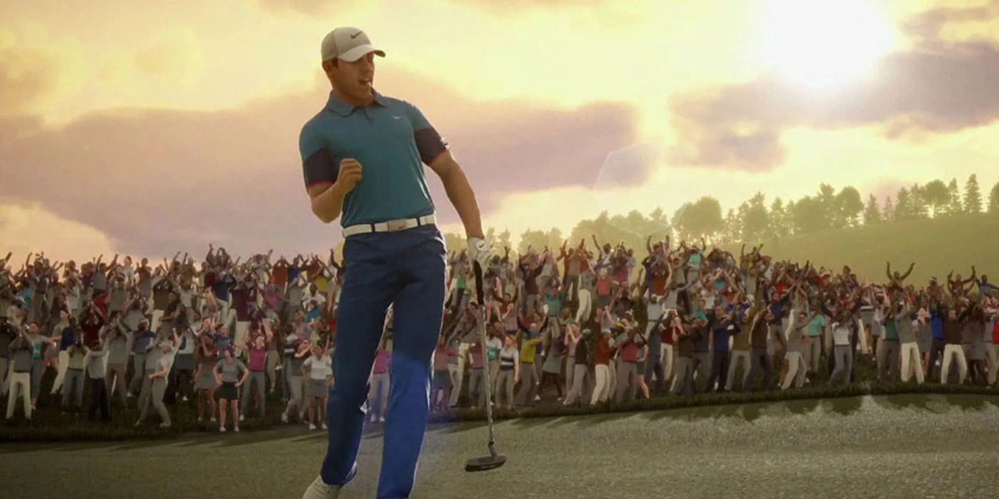 Rory McIlroy celebrating a good shot with his right fist.