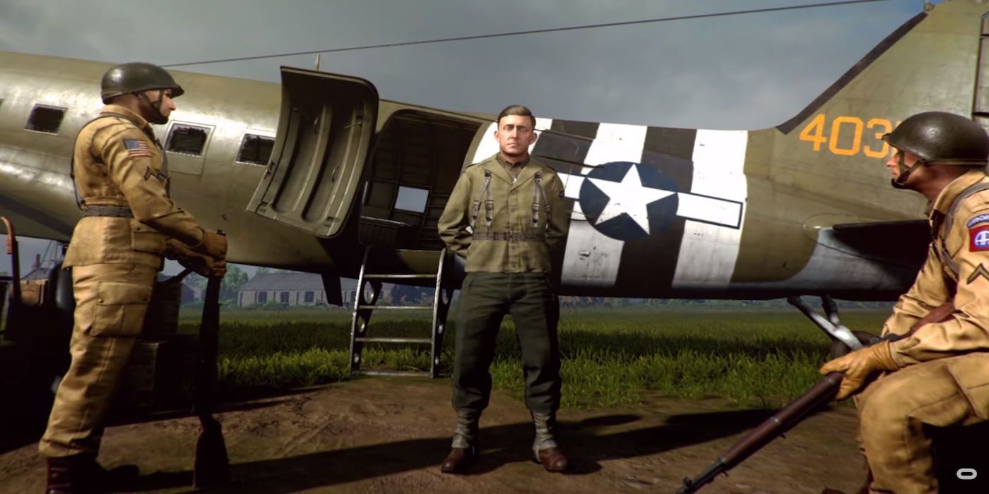 Two soldiers on each side holding shotguns, another soldier in the middle facing the camera in front of an army jet with his hands behind his back