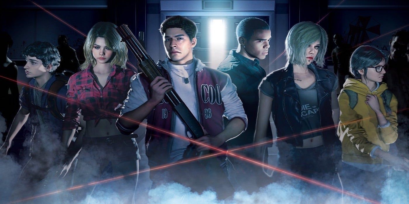 Promo art from Resident Evil Resistance showing a group of teenagers in a foggy lab