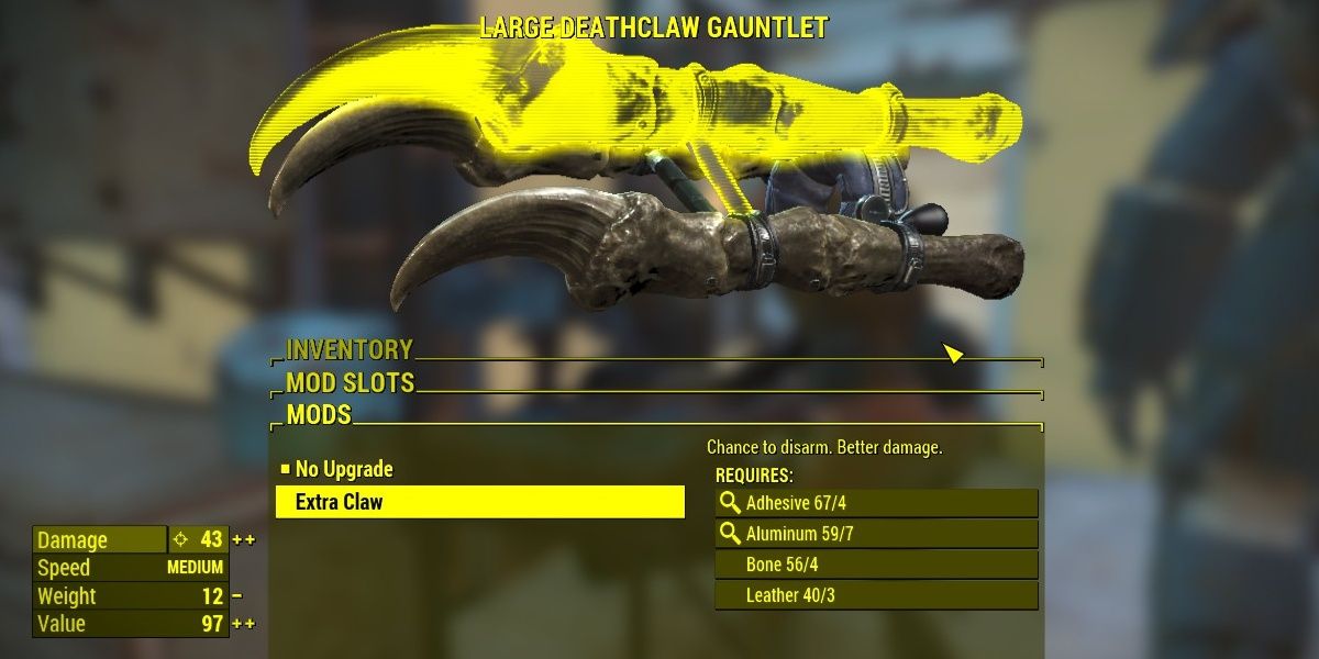 Deathclaw Gauntlet's modifications page upgrade menu.