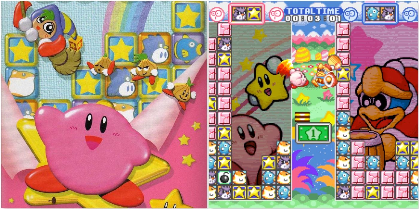Kirby no Kirakira Kizzu gameplay screenshot and box art