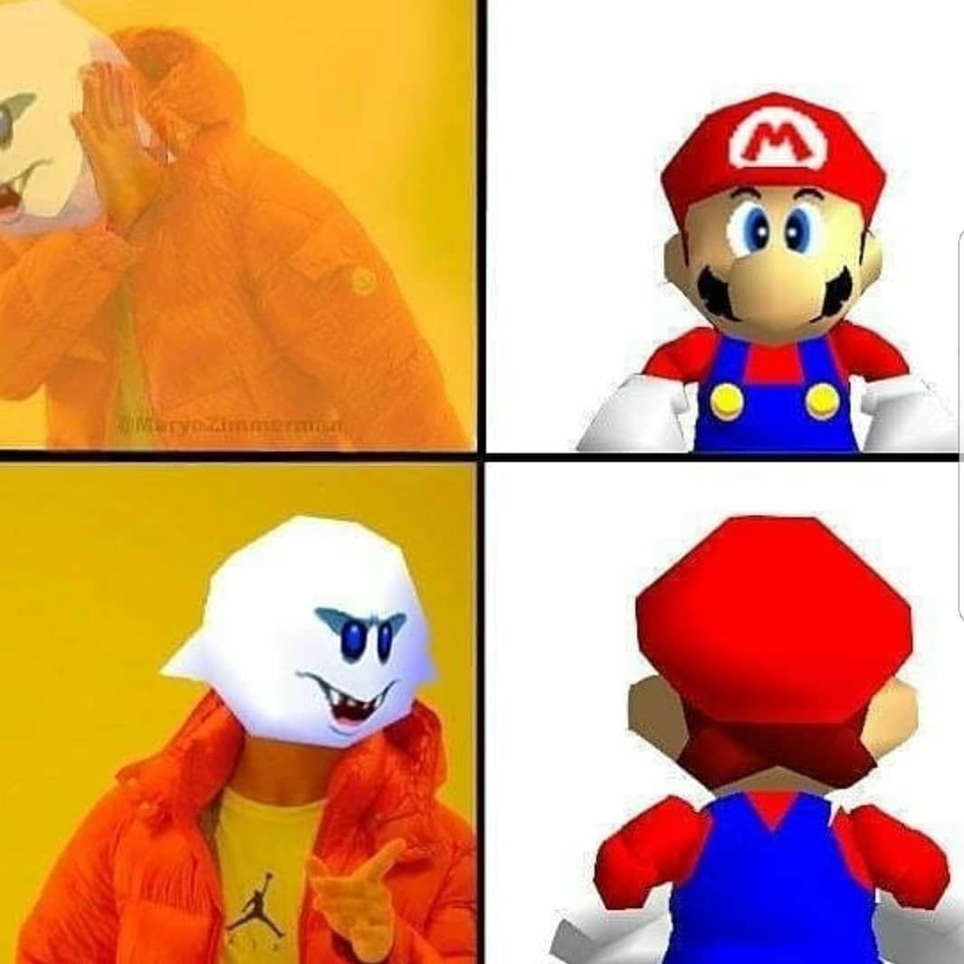 A Drake meme format with Boo as Drake choosing when to follow Mario