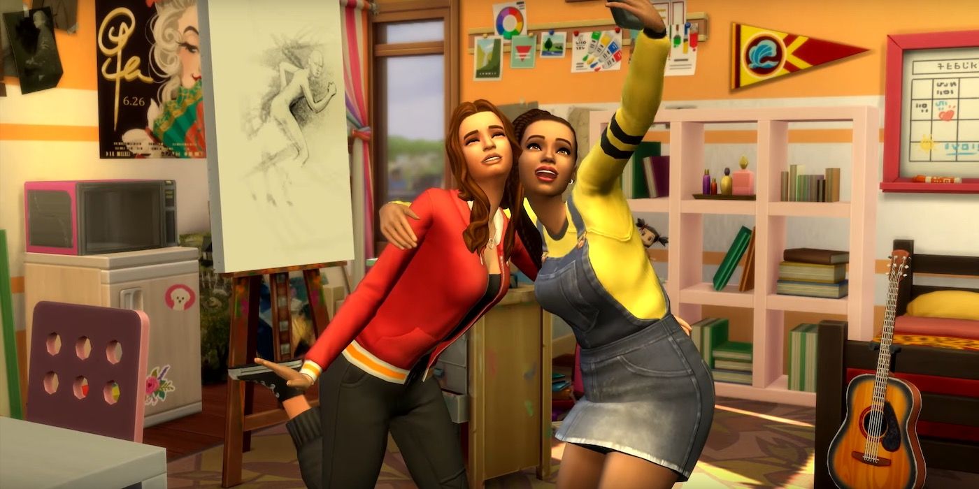 Two people taking a selfie with their arms around each other The Sims 4