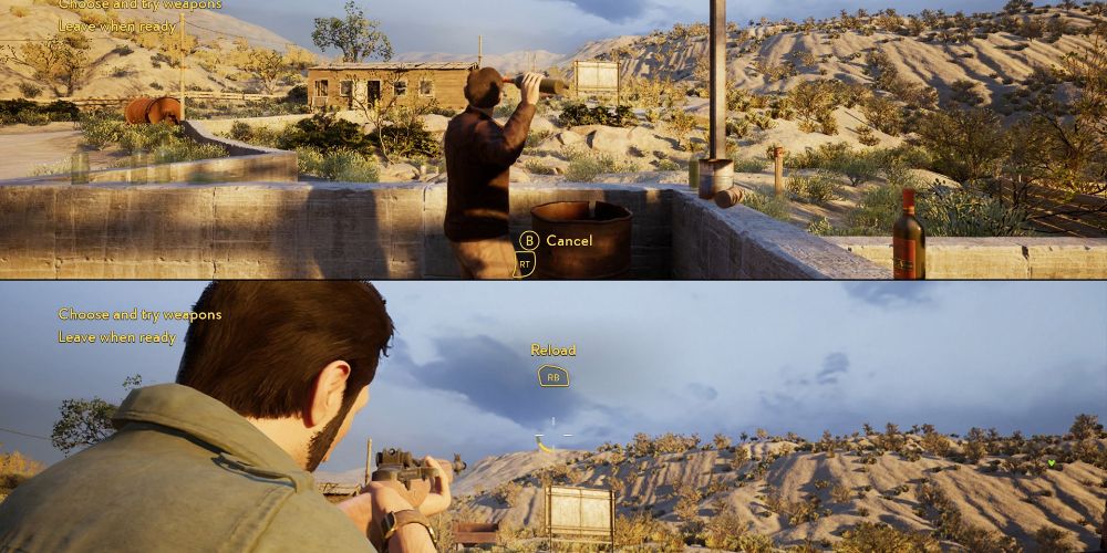 One player aiming and shooting in A Way Out while the other gestures