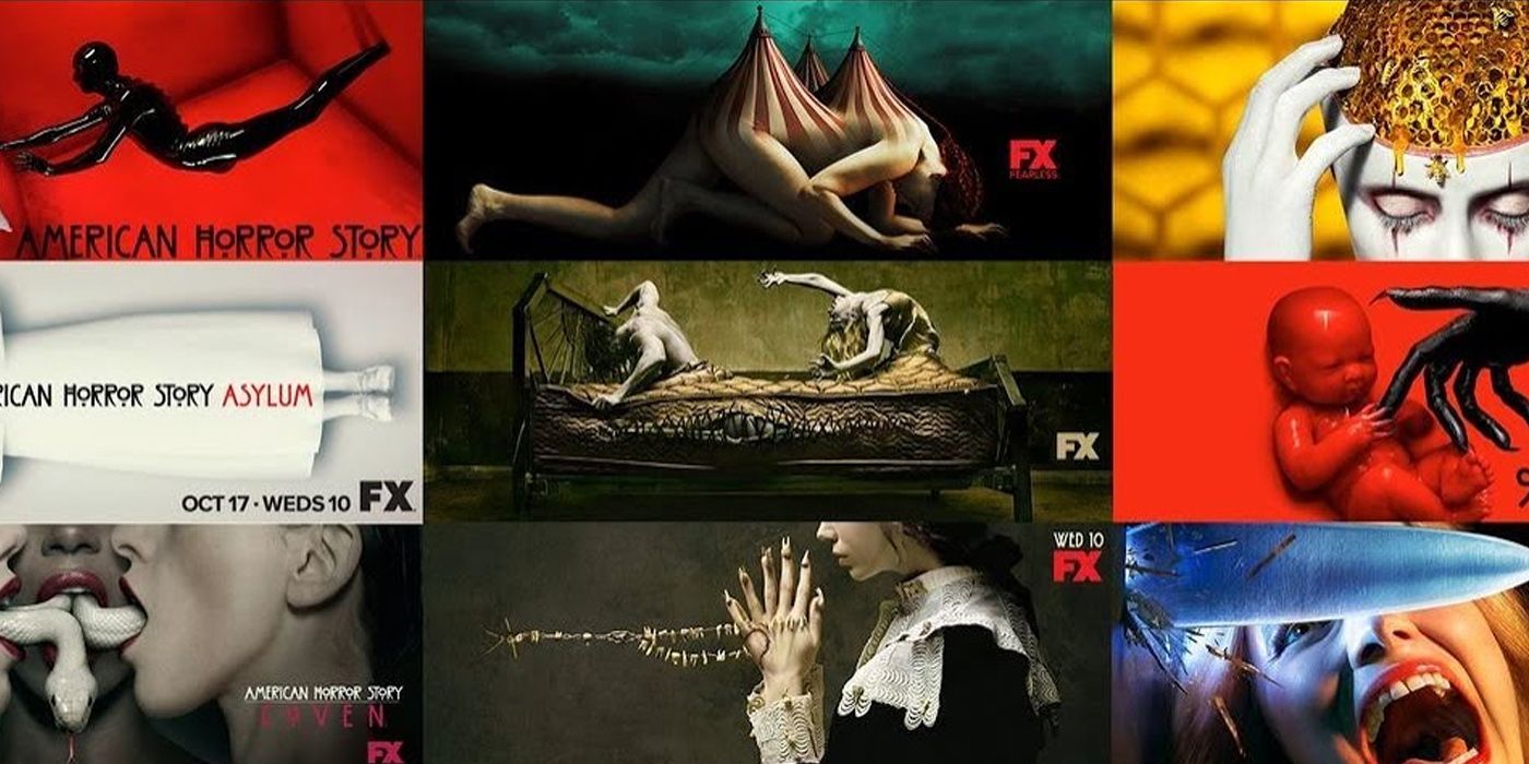 A collage showing the different posters of the different American Horror Story seasons.