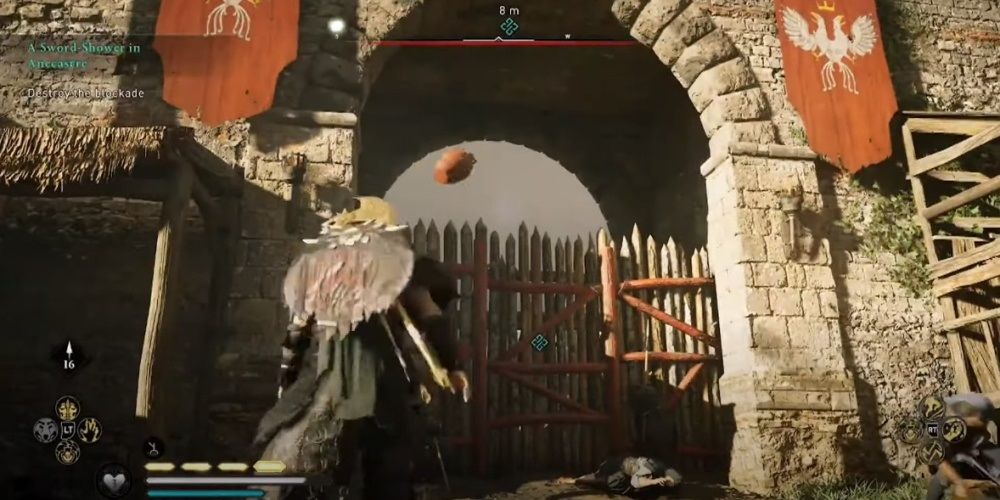 Assassin's Creed Valhalla Destroying Blockade With Thrown Fire Jar