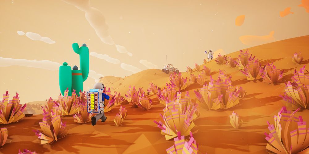 A astronaut roaming around a desert planet in Astroneer